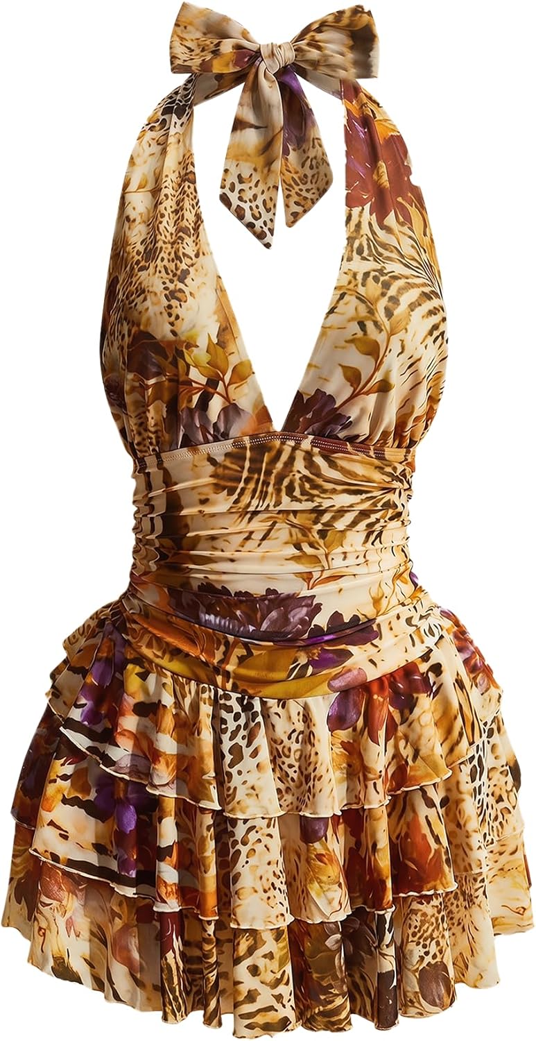 SHENHE Women's Plus Size Halter Mesh Dress Y2K Animal Print Club Mini Dress | Zebra, Floral, Party Romper Dresses, Layered Ruffle, Concert Dress with Built in Shorts
