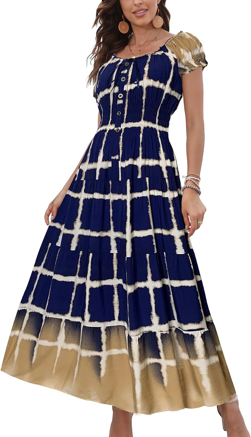 OSTOO Women's 2026 Maxi Dress Short Sleeves Boho Floral Print Tiered Casual Flowy Summer Long Dress