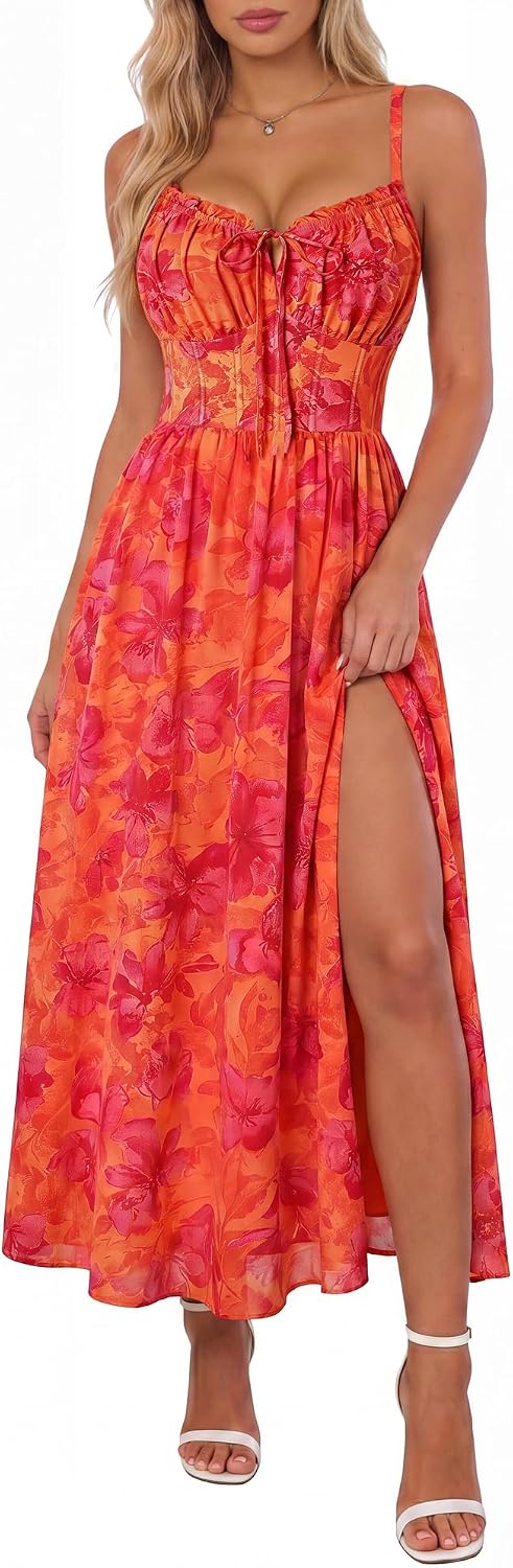 Scarlet Darkness Wedding Guest Dresses for Women Floral Corset Sundress | V Neck, Slit, with Pockets, for Summer, Tea Party, Graduation, Casual