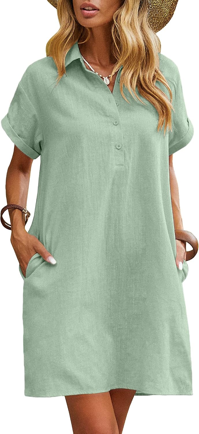Zeagoo Womens Cotton Shirt Dress Summer Casual Short Sleeve Button Down Beach Cover Up Shirts with Pockets