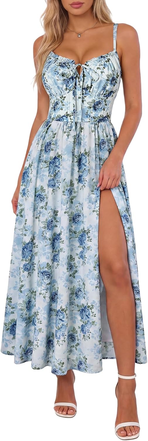 Scarlet Darkness Wedding Guest Dresses for Women Floral Corset Sundress | V Neck, Slit, with Pockets, for Summer, Tea Party, Graduation, Casual