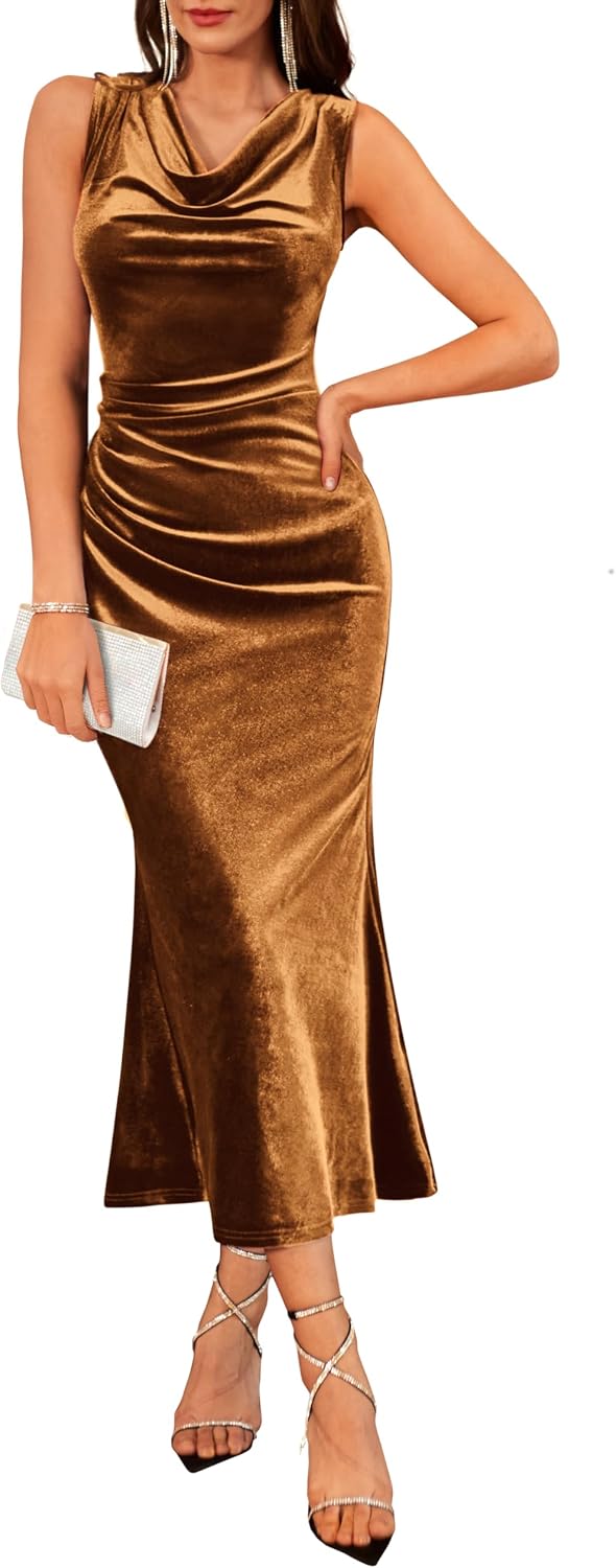 GRACE KARIN Womens Velvet Cowl Neck Wedding Guest Cocktail Dresses | Ruched Maxi Dress, Sleeveless, Mermaid Hem, 2026 Fall Winter Formal Outfits, Great for Proms\/Dinners\/Party