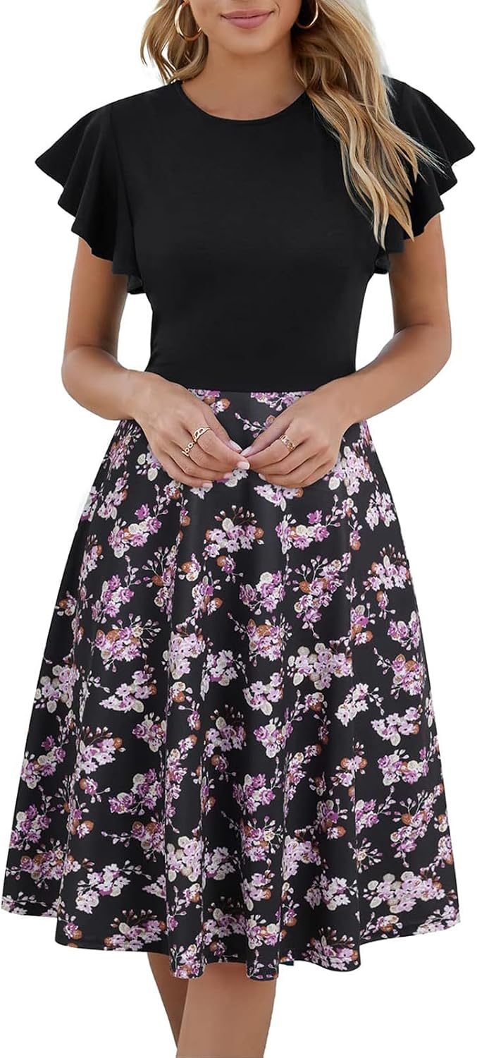 MSLG Women's Fit and Flare Ruffle Short Sleeves Dresses Work V-Back Cocktail Semi Formal A Line Dress with Pockets 842