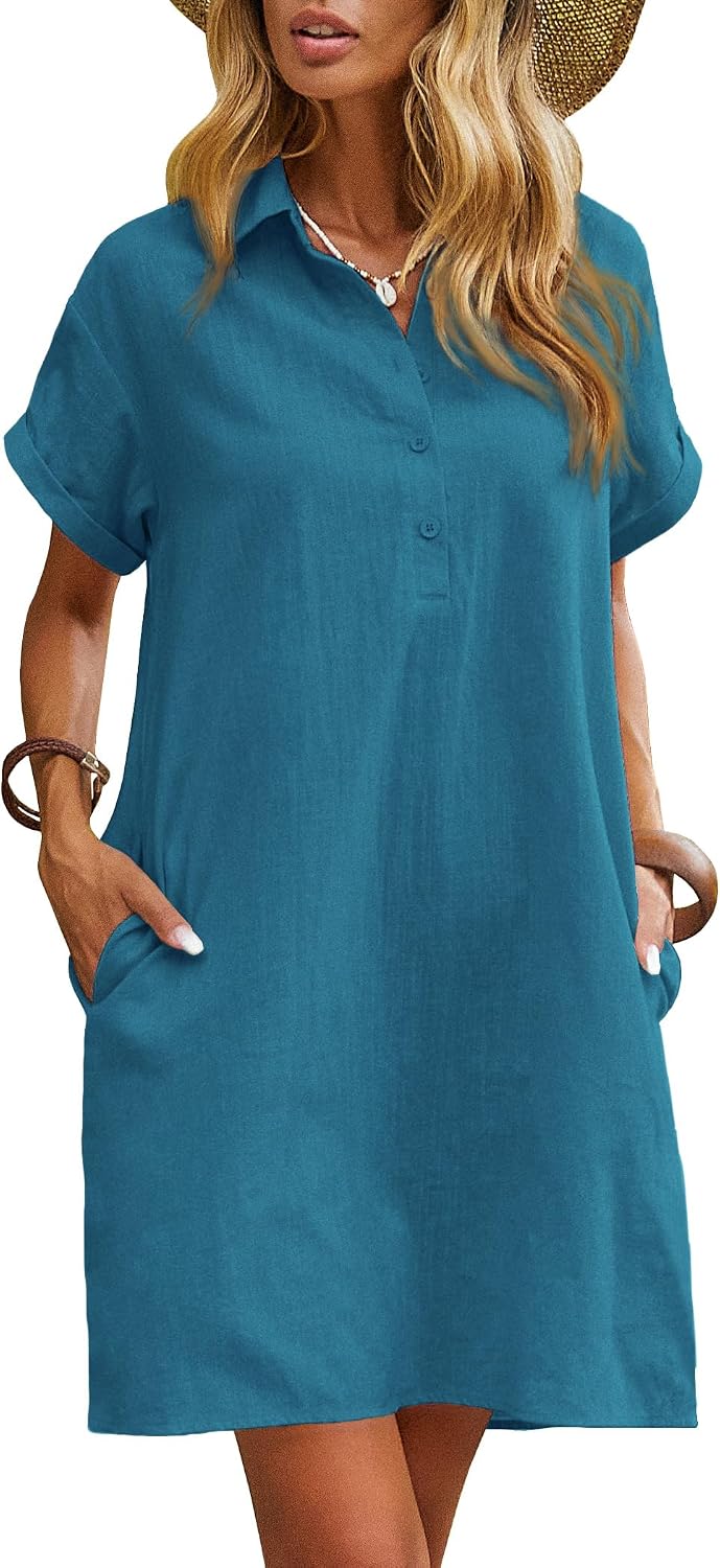 Zeagoo Womens Cotton Shirt Dress Summer Casual Short Sleeve Button Down Beach Cover Up Shirts with Pockets
