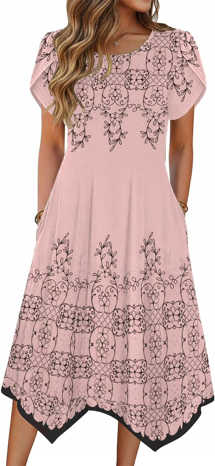 Zeagoo Womens Casual Dress for Summer Loose Hankerchief Flare Midi Sundress | Floral Print, Boho Style, Fall Wedding Guest Dress, A Line,Crew Neck, Side Pockets, Asymmetrical Hem, for Beach, Casual,Daily