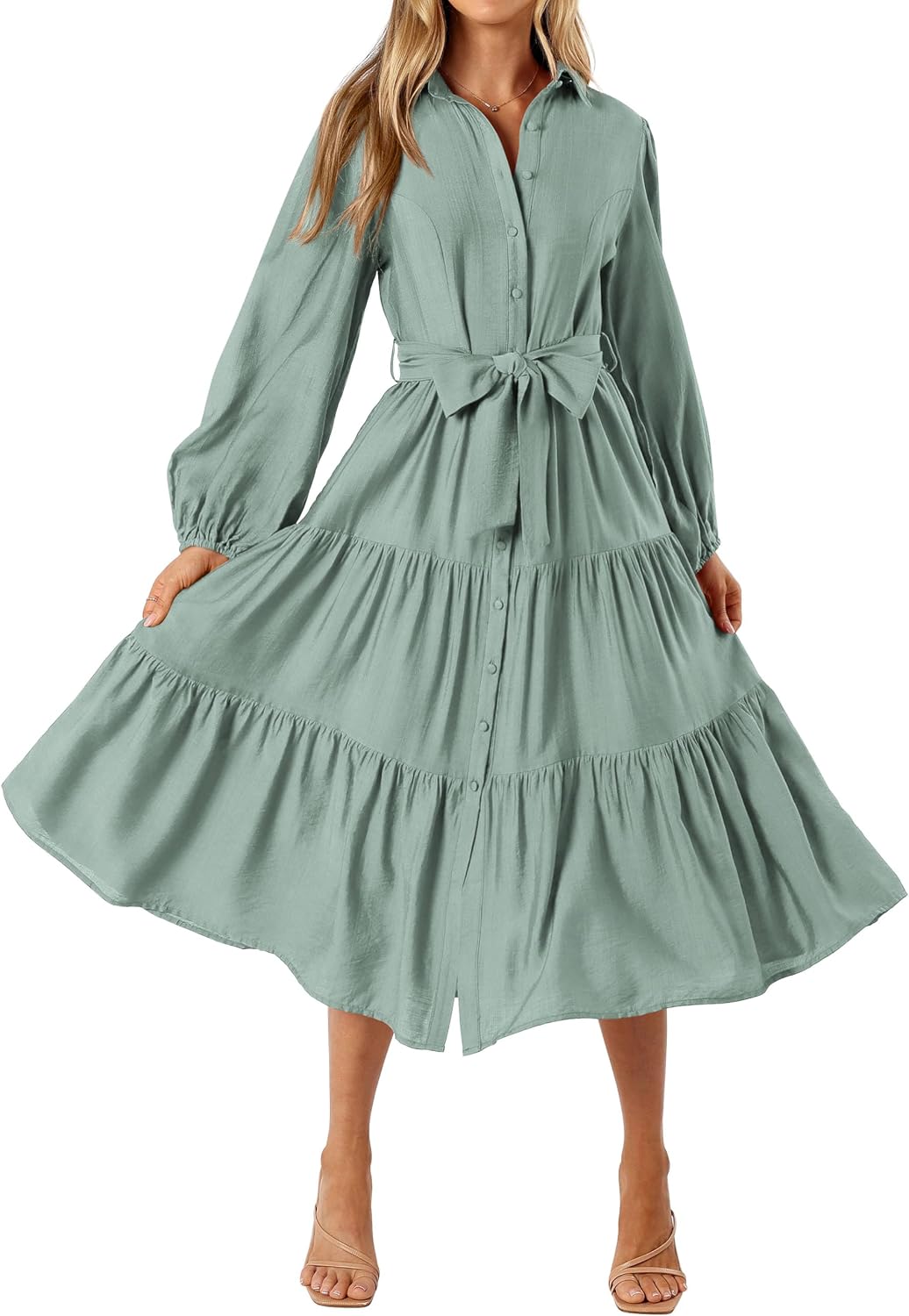 MASCOMODA Womens Dresses Fall Button Long Sleeve Midi Dress | Tie Waist Shirt Dress with Pockets, Button Down Collar V Neck, Flowy A Line, Tiered, Elastic Cuffs, Boho Casual Long Dresses