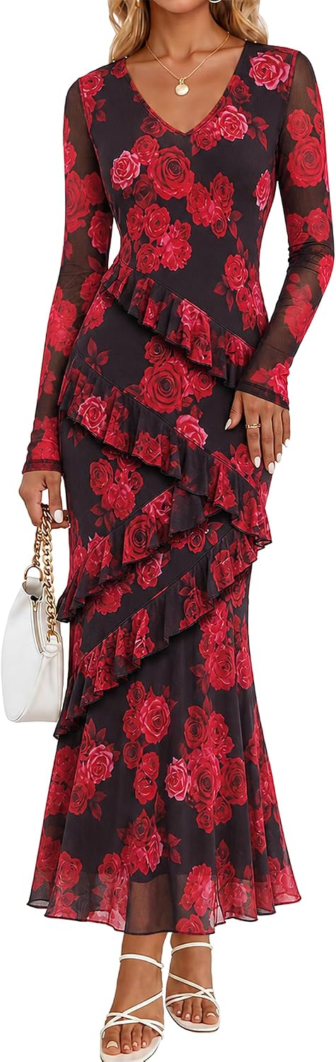 MEROKEETY Womens Fall Wedding Guest Floral Long Sleeve Bodycon Maxi Dress | 2026, Formal, V Neck, Ruffled, Mesh Overlay, Lined, Cocktail Party, Rehearsal Dinner, Bridal, Baby Shower, Date Night Dress