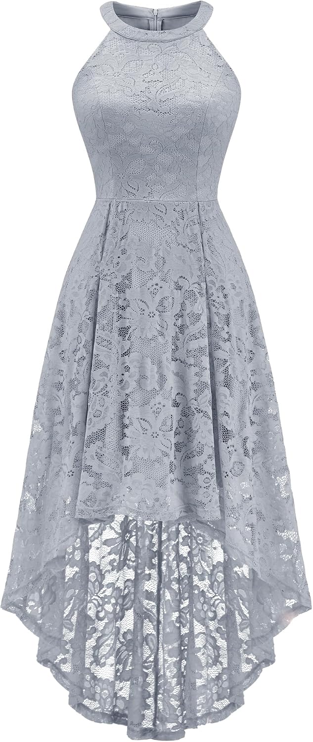 Dressystar Women Halter Lace Hi Lo Wedding Guest Cocktail Formal Dress | Bridesmaid Wedding Dresses,Sleeveless,Halter Top Neckline,High Low Hem,Elegant A line Design,Soft floral Lace Party Dress