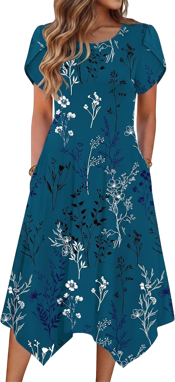 Zeagoo Womens Casual Dress for Summer Loose Hankerchief Flare Midi Sundress | Floral Print, Boho Style, Fall Wedding Guest Dress, A Line,Crew Neck, Side Pockets, Asymmetrical Hem, for Beach, Casual,Daily