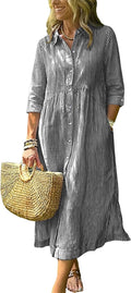 Women's Boho Striped Dress High-Low Waistline Button Down Midi Shirt Dress | Fashion Lapel, 3\/4 Sleeve, Flowy A Line, Side Slit, Slant Pocket, Casual Loose Mid Long Cotton Dress for Party Beach Vacation