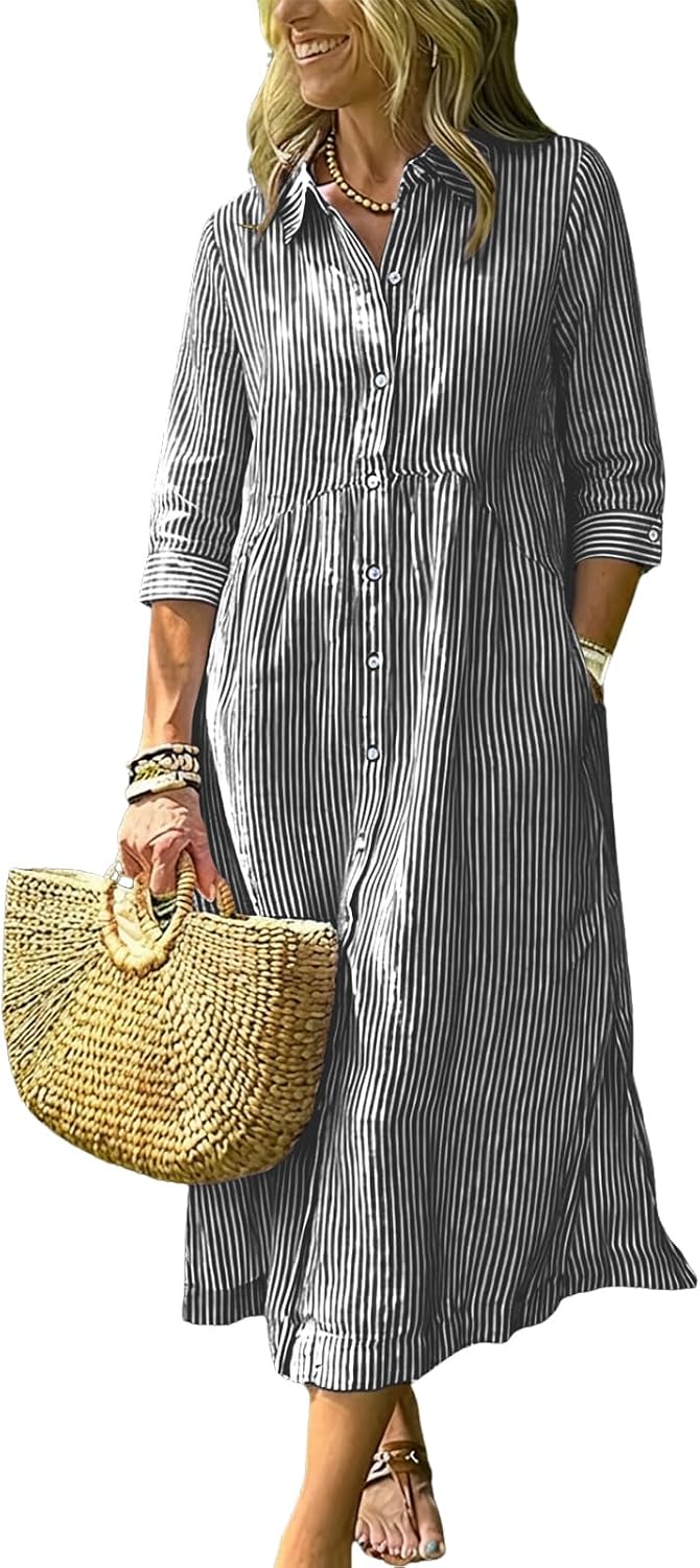 Women's Boho Striped Dress High-Low Waistline Button Down Midi Shirt Dress | Fashion Lapel, 3\/4 Sleeve, Flowy A Line, Side Slit, Slant Pocket, Casual Loose Mid Long Cotton Dress for Party Beach Vacation