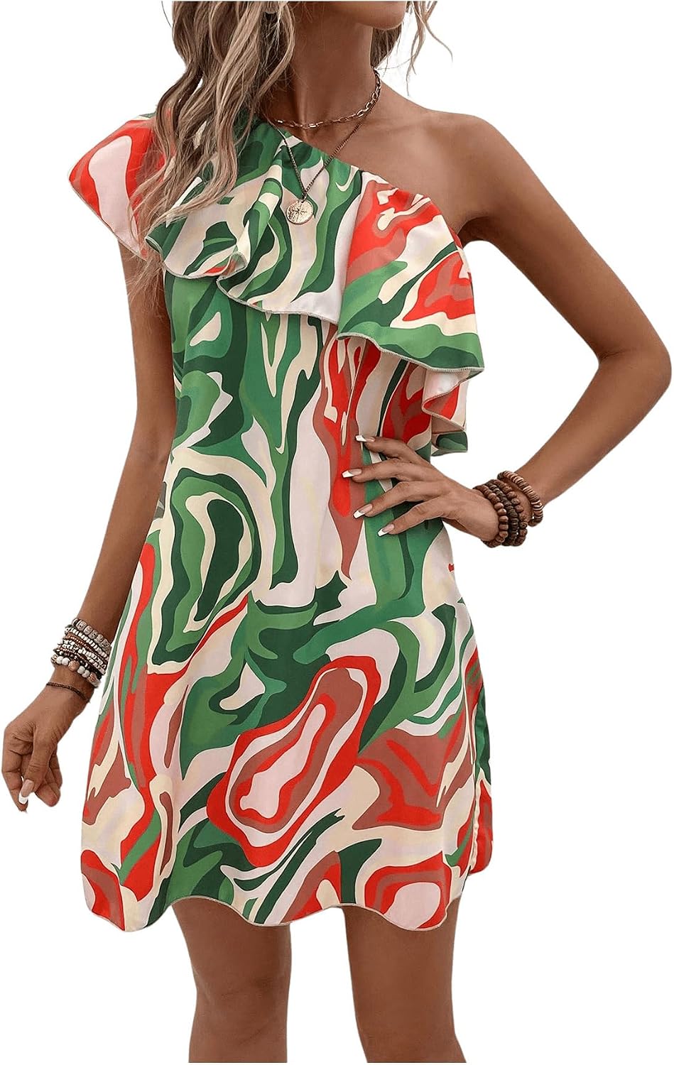 Floerns Women's One Shoulder Tiered Layered Sleeveless Ruffle Trim Tunic Dress