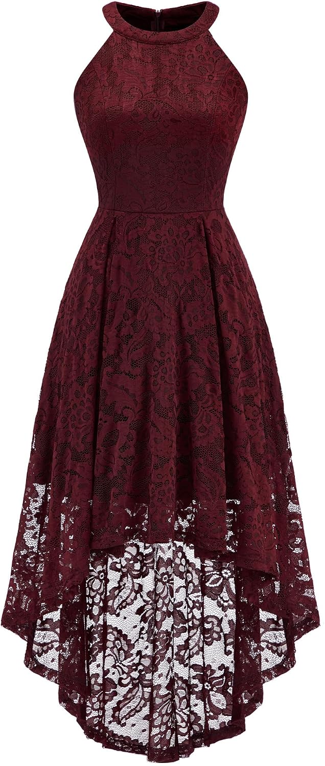 Dressystar Women Halter Lace Hi Lo Wedding Guest Cocktail Formal Dress | Bridesmaid Wedding Dresses,Sleeveless,Halter Top Neckline,High Low Hem,Elegant A line Design,Soft floral Lace Party Dress