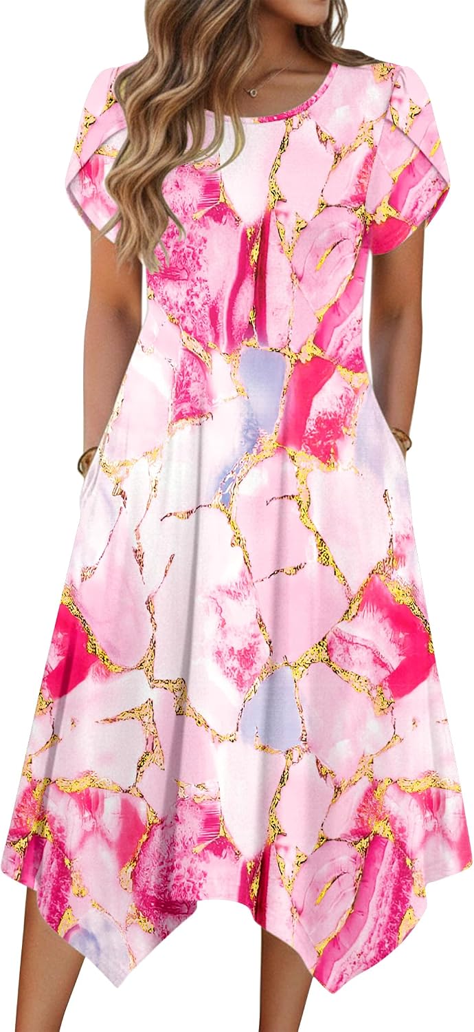 Zeagoo Womens Casual Dress for Summer Loose Hankerchief Flare Midi Sundress | Floral Print, Boho Style, Fall Wedding Guest Dress, A Line,Crew Neck, Side Pockets, Asymmetrical Hem, for Beach, Casual,Daily