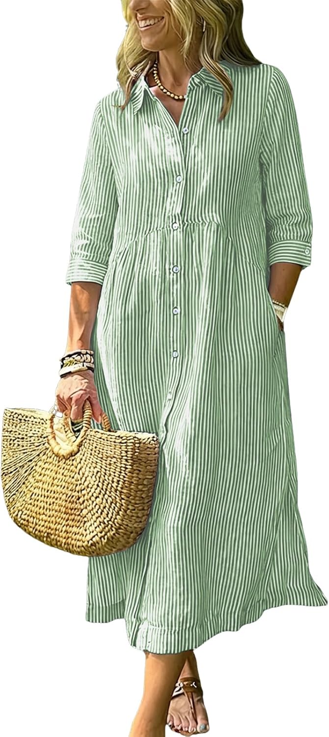 Women's Boho Striped Dress High-Low Waistline Button Down Midi Shirt Dress | Fashion Lapel, 3\/4 Sleeve, Flowy A Line, Side Slit, Slant Pocket, Casual Loose Mid Long Cotton Dress for Party Beach Vacation
