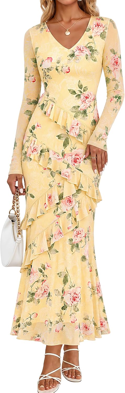 MEROKEETY Womens Fall Wedding Guest Floral Long Sleeve Bodycon Maxi Dress | 2026, Formal, V Neck, Ruffled, Mesh Overlay, Lined, Cocktail Party, Rehearsal Dinner, Bridal, Baby Shower, Date Night Dress