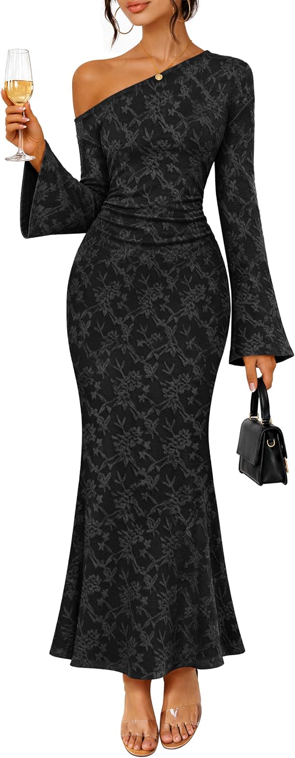 MEROKEETY Women's Lace Off The Shoulder Fall Wedding Guest Cocktail Dress | 2026 Floral, Maxi, Bell Long Sleeve, Maxi, Fitted, Bodycon, Ruched, Lined, Elegant Formal Outfifs, Party, Date Night Dresses