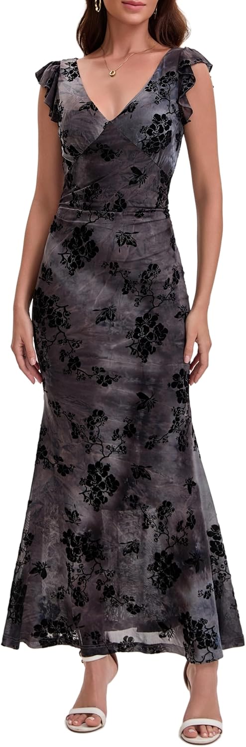 Women's Sleeveless V Neck Wedding Guest Dress Bodycon Floral Mesh Ruched Cocktail Mermaid Maxi Dresses Elegant Party Petite