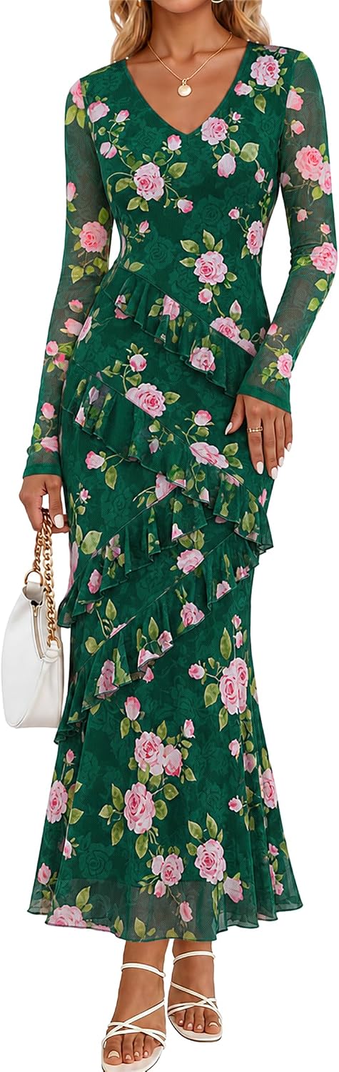 MEROKEETY Womens Fall Wedding Guest Floral Long Sleeve Bodycon Maxi Dress | 2026, Formal, V Neck, Ruffled, Mesh Overlay, Lined, Cocktail Party, Rehearsal Dinner, Bridal, Baby Shower, Date Night Dress