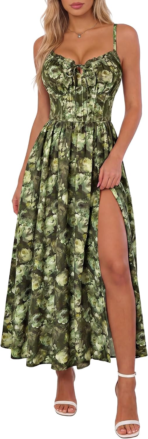 Scarlet Darkness Wedding Guest Dresses for Women Floral Corset Sundress | V Neck, Slit, with Pockets, for Summer, Tea Party, Graduation, Casual