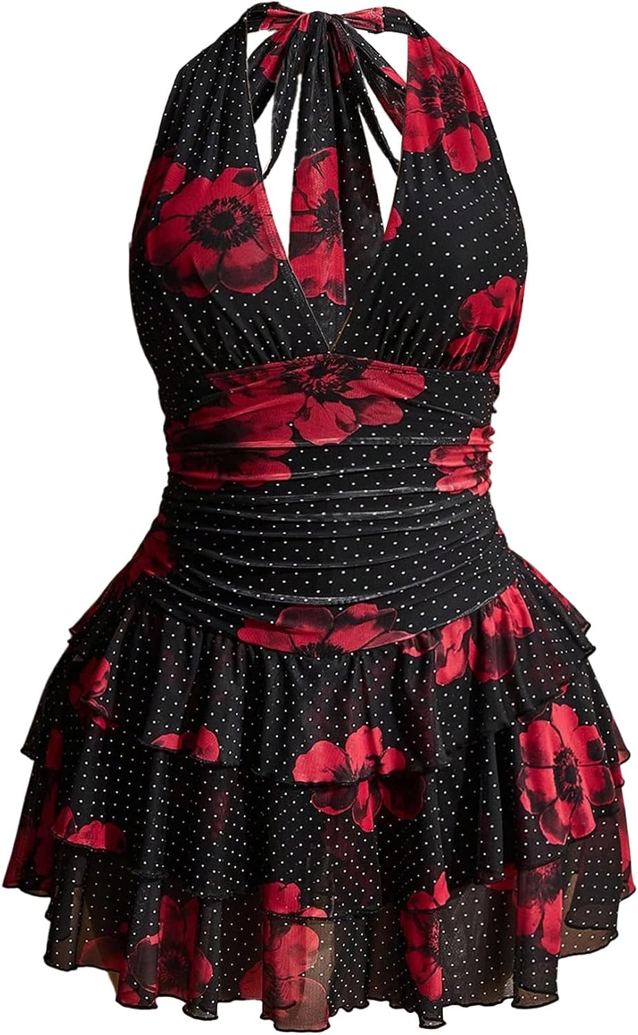 SHENHE Women's Plus Size Halter Mesh Dress Y2K Animal Print Club Mini Dress | Zebra, Floral, Party Romper Dresses, Layered Ruffle, Concert Dress with Built in Shorts