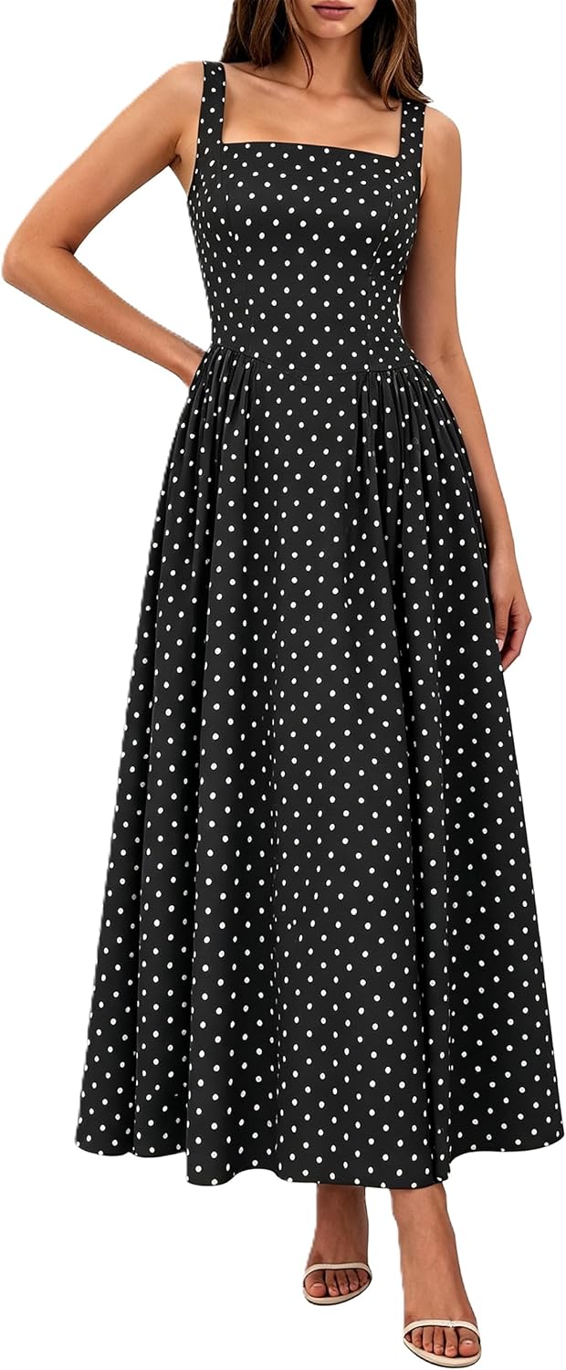 FOMELY Womens Polka Dot Dress Summer Casual Sleeveless Maxi Dress | Side Pockets, Square Neck, Wedding Guest Dress, Cocktail, Tea Party, Boho, Beach, Vacation, Long Dress, Tank, Comfy Fabric