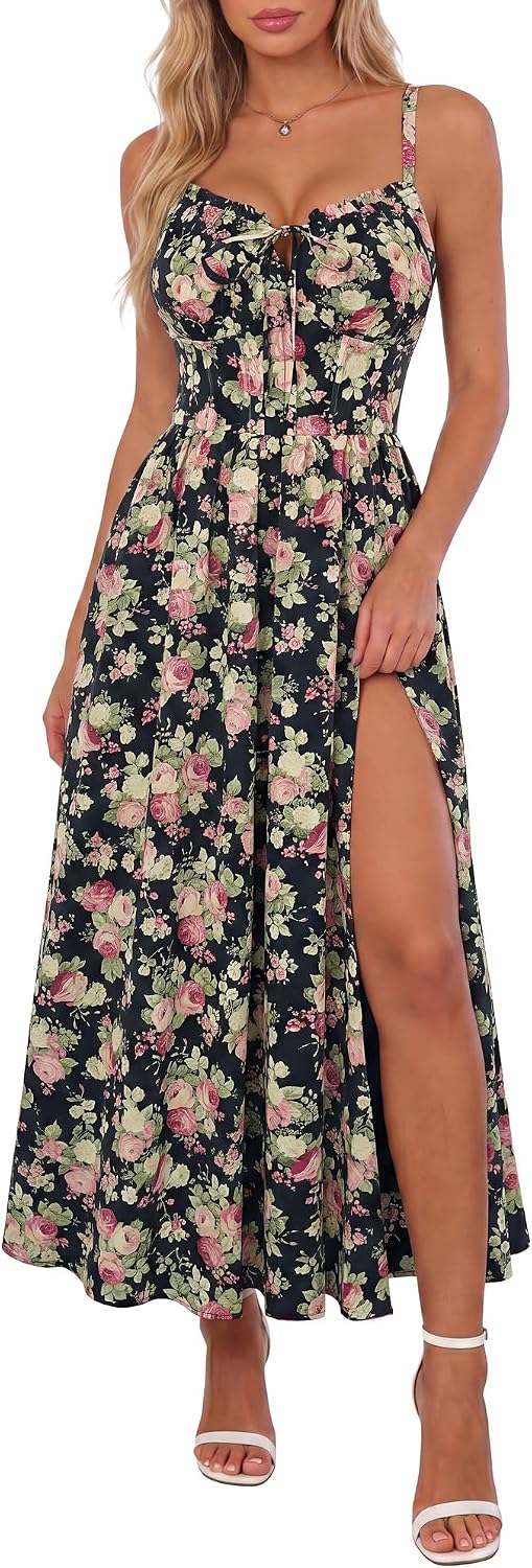 Scarlet Darkness Wedding Guest Dresses for Women Floral Corset Sundress | V Neck, Slit, with Pockets, for Summer, Tea Party, Graduation, Casual