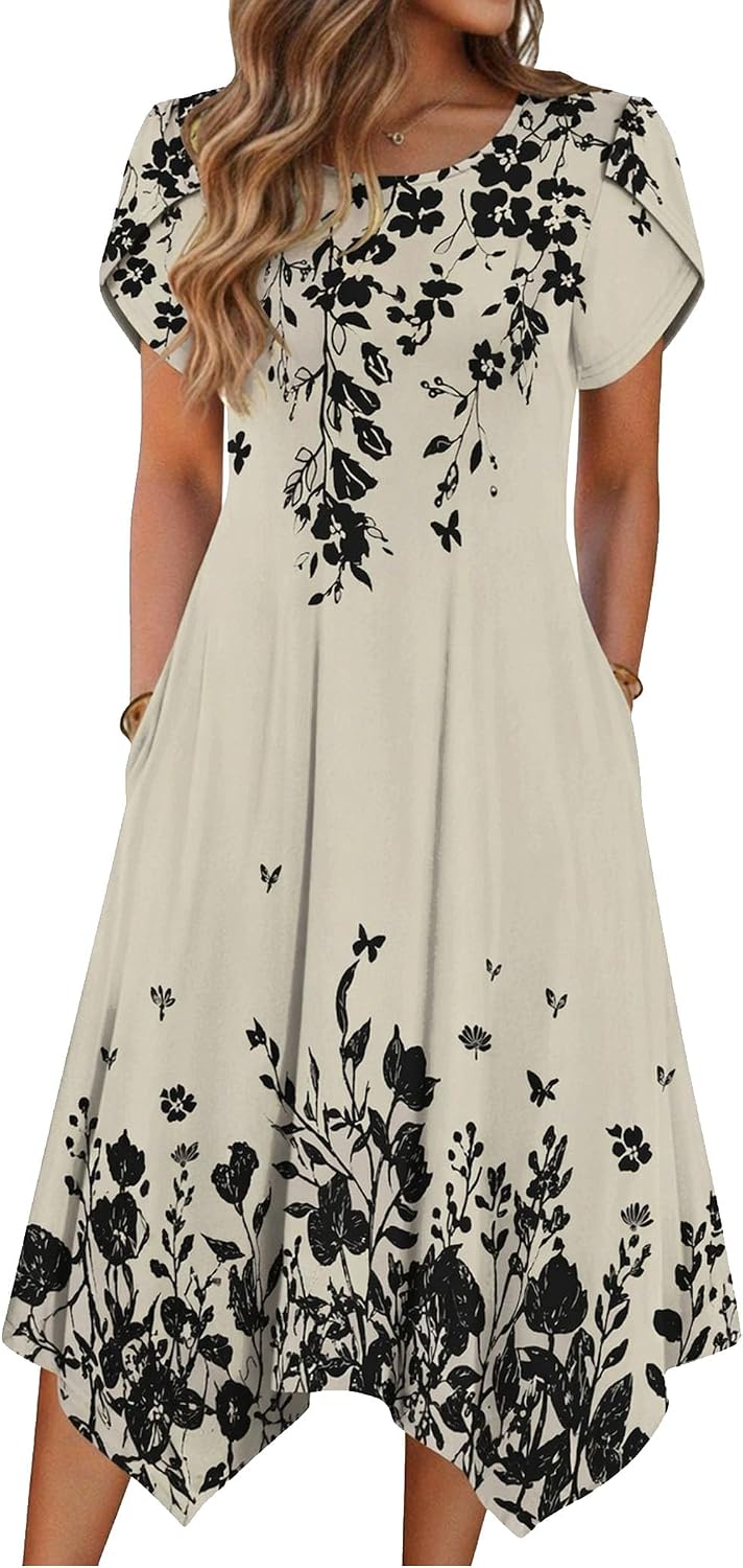 Zeagoo Womens Casual Dress for Summer Loose Hankerchief Flare Midi Sundress | Floral Print, Boho Style, Fall Wedding Guest Dress, A Line,Crew Neck, Side Pockets, Asymmetrical Hem, for Beach, Casual,Daily