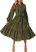 MASCOMODA Womens Dresses Fall Button Long Sleeve Midi Dress | Tie Waist Shirt Dress with Pockets, Button Down Collar V Neck, Flowy A Line, Tiered, Elastic Cuffs, Boho Casual Long Dresses