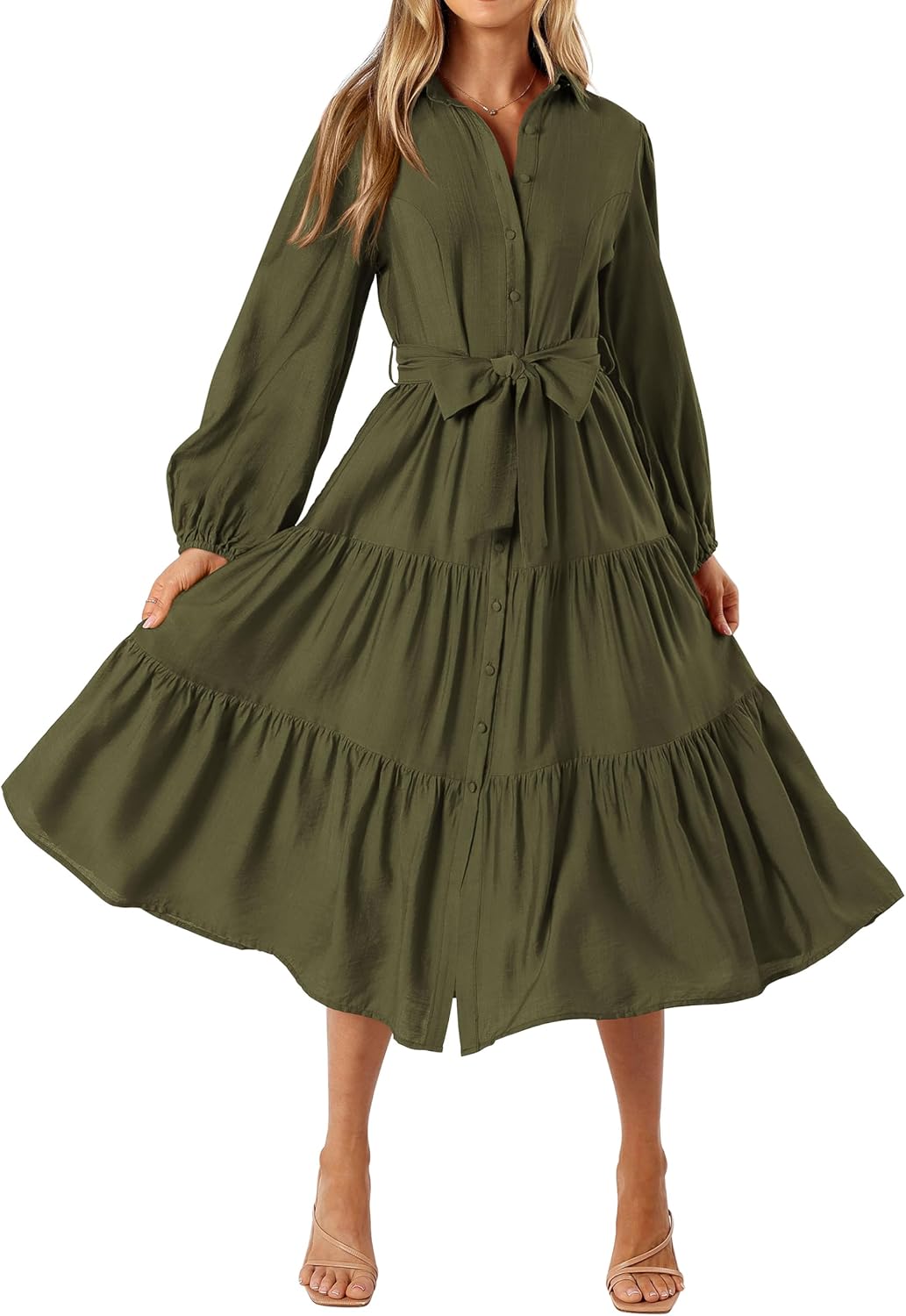 MASCOMODA Womens Dresses Fall Button Long Sleeve Midi Dress | Tie Waist Shirt Dress with Pockets, Button Down Collar V Neck, Flowy A Line, Tiered, Elastic Cuffs, Boho Casual Long Dresses