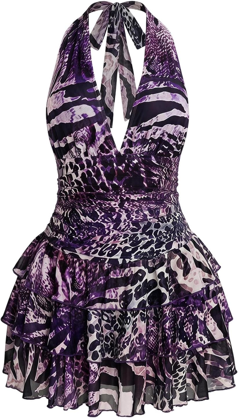 SHENHE Women's Plus Size Halter Mesh Dress Y2K Animal Print Club Mini Dress | Zebra, Floral, Party Romper Dresses, Layered Ruffle, Concert Dress with Built in Shorts