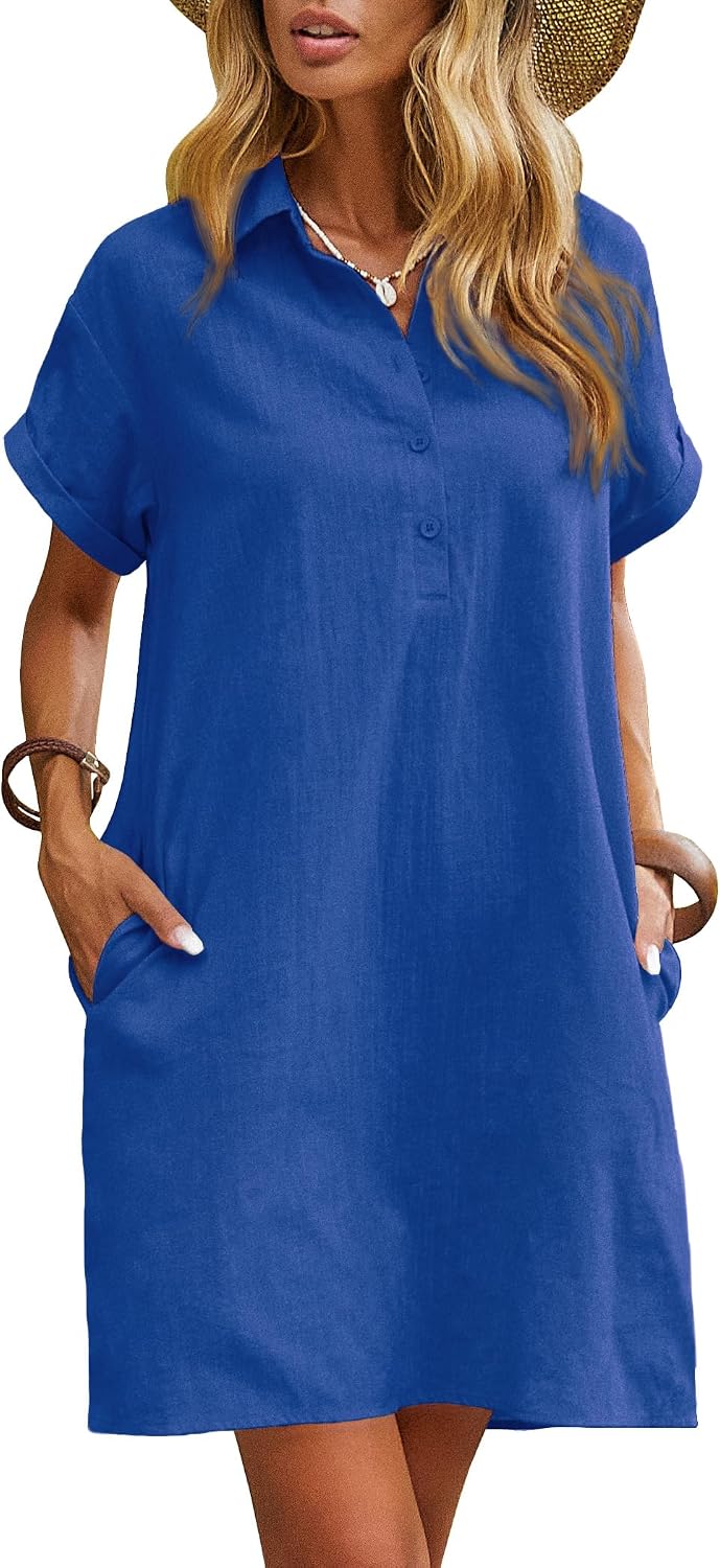 Zeagoo Womens Cotton Shirt Dress Summer Casual Short Sleeve Button Down Beach Cover Up Shirts with Pockets