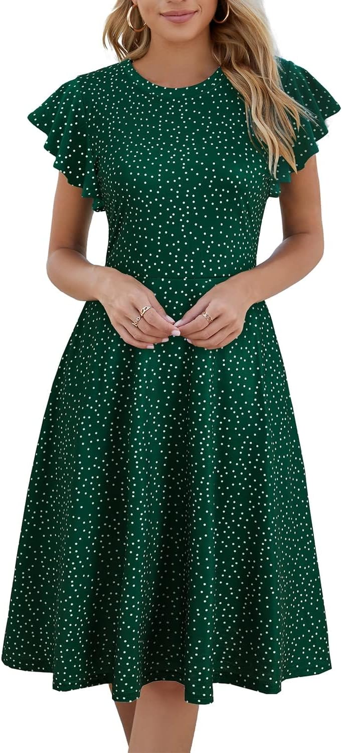 MSLG Women's Fit and Flare Ruffle Short Sleeves Dresses Work V-Back Cocktail Semi Formal A Line Dress with Pockets 842