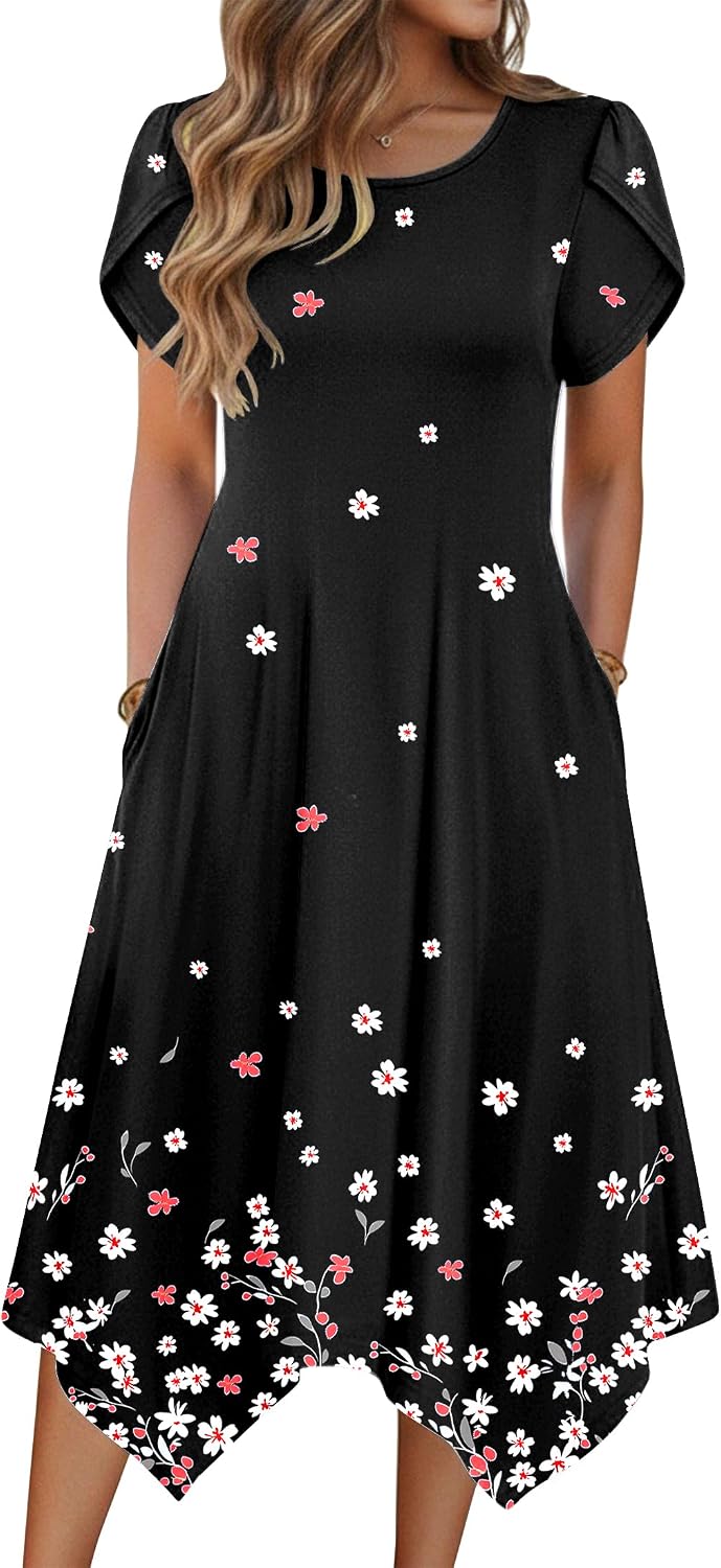 Zeagoo Womens Casual Dress for Summer Loose Hankerchief Flare Midi Sundress | Floral Print, Boho Style, Fall Wedding Guest Dress, A Line,Crew Neck, Side Pockets, Asymmetrical Hem, for Beach, Casual,Daily