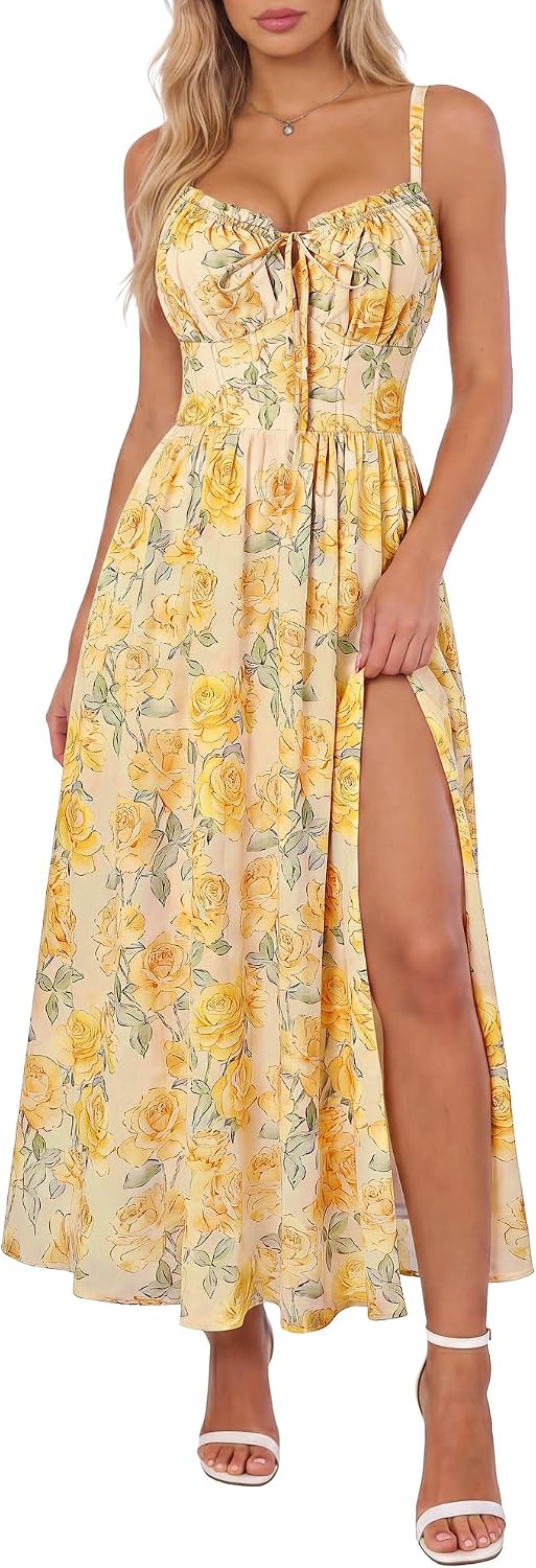Scarlet Darkness Wedding Guest Dresses for Women Floral Corset Sundress | V Neck, Slit, with Pockets, for Summer, Tea Party, Graduation, Casual