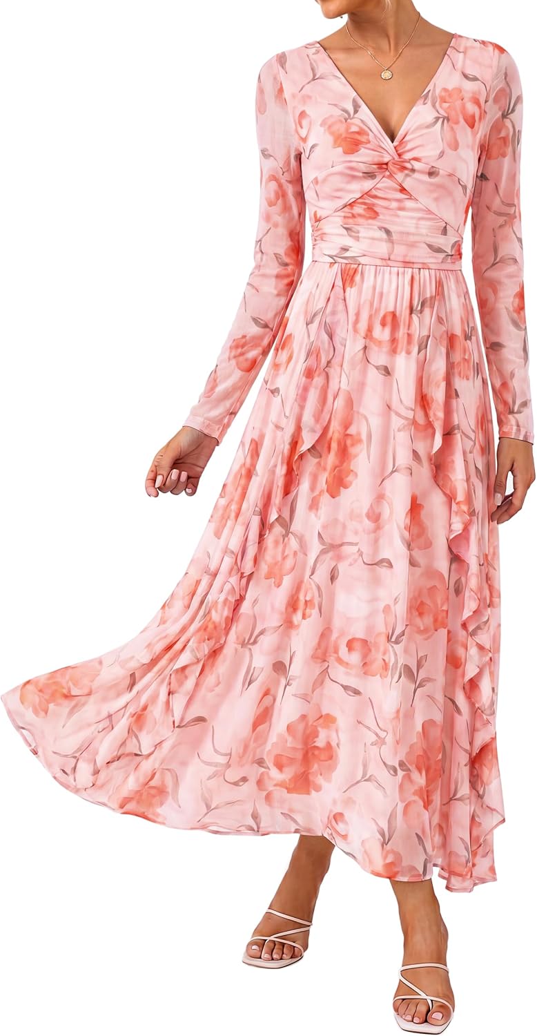 GRACE KARIN Women Fall Wedding Guest Long Sleeve Formal Floral Maxi Dress | Flowy A Line Mesh Dress,V Neck Twist Front,Ruffle,Evening Gowns,Bridal Shower,Garden Party,Cocktail,Vacation Clothes