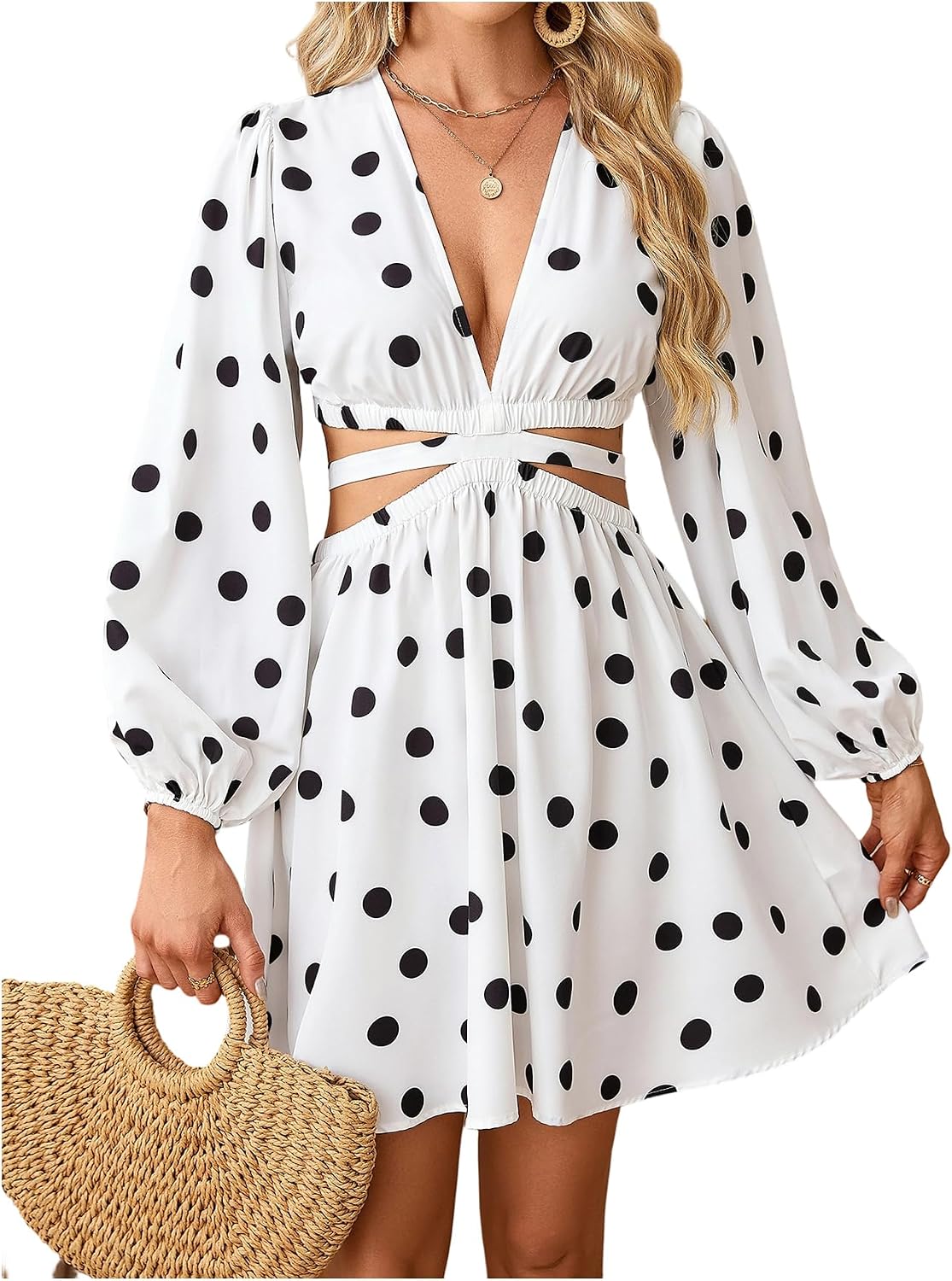 Floerns Women's Tropical Floral Long Sleeve Mini Dress | Cut Out, Bishop Sleeve, V Neck, A Line, Hawaiian Beach Vacation, Summer, Fall Outfits, Resort Wear