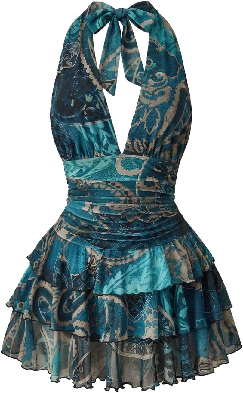 SHENHE Women's Plus Size Halter Mesh Dress Y2K Animal Print Club Mini Dress | Zebra, Floral, Party Romper Dresses, Layered Ruffle, Concert Dress with Built in Shorts
