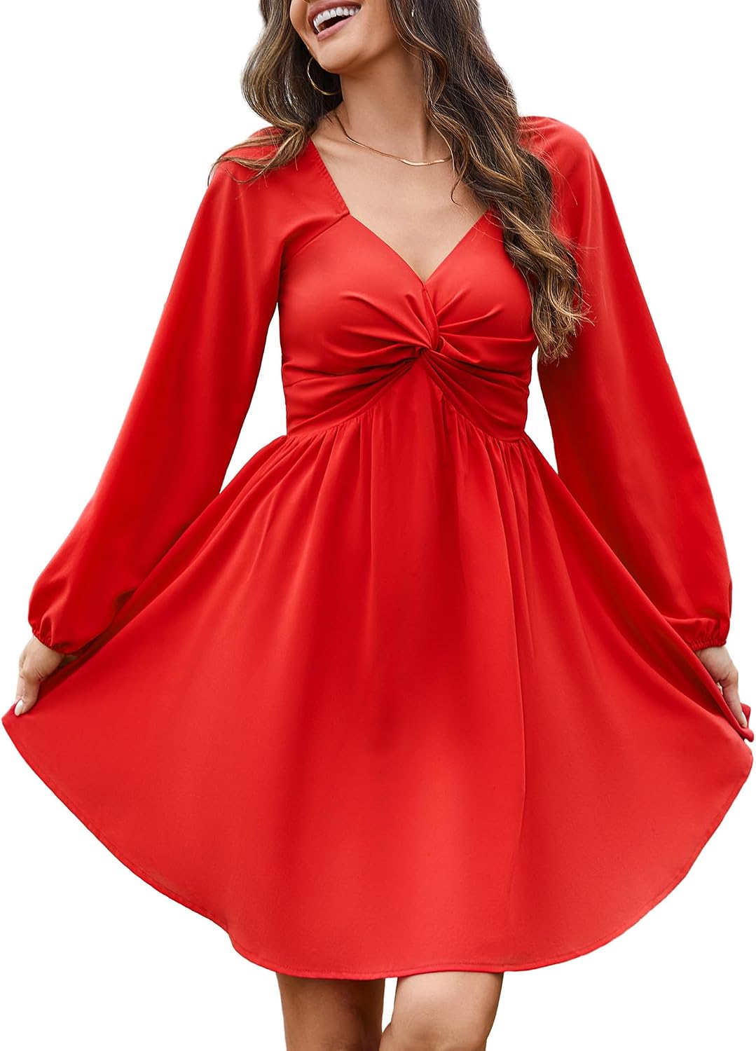 Florboom Women's Sweetheart Knot Front Dress Lantern Long Sleeve Smocked Back A-Line Chiffon Mini Dresses