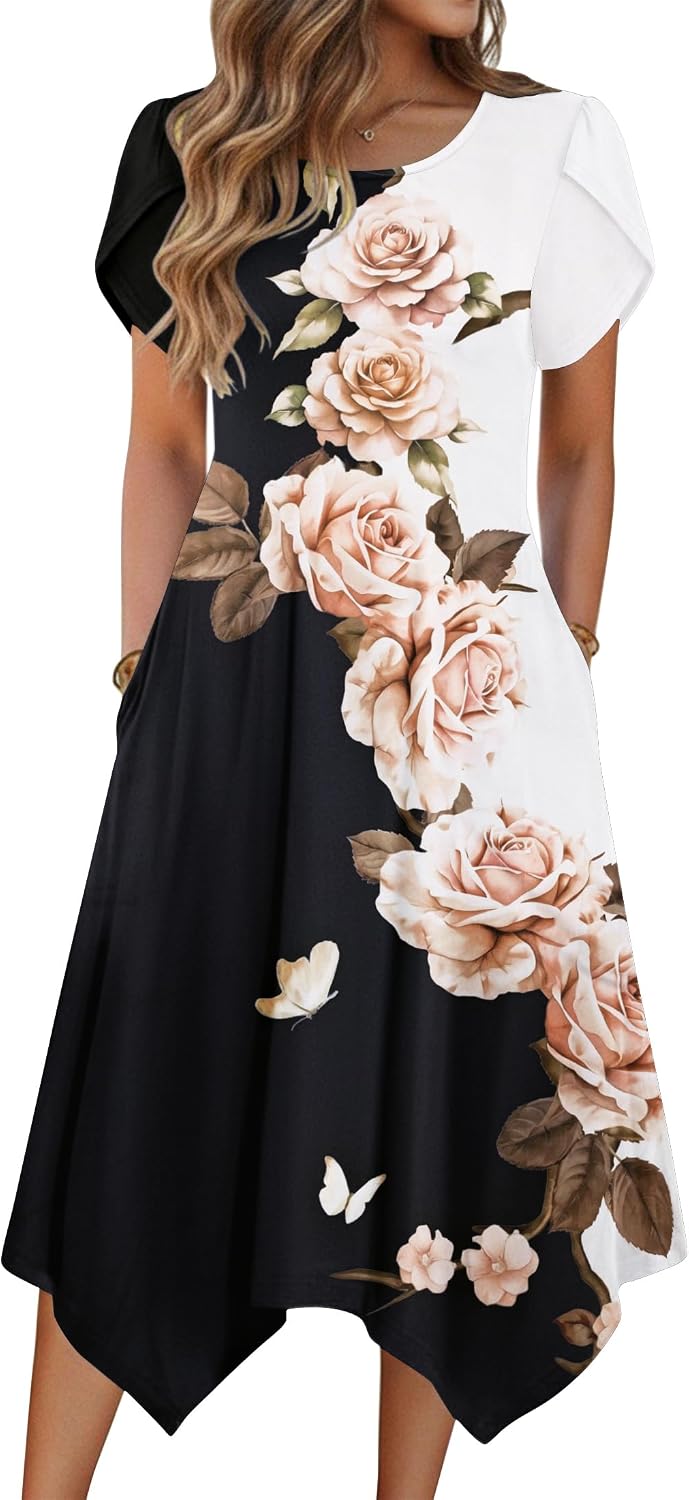 Zeagoo Womens Casual Dress for Summer Loose Hankerchief Flare Midi Sundress | Floral Print, Boho Style, Fall Wedding Guest Dress, A Line,Crew Neck, Side Pockets, Asymmetrical Hem, for Beach, Casual,Daily