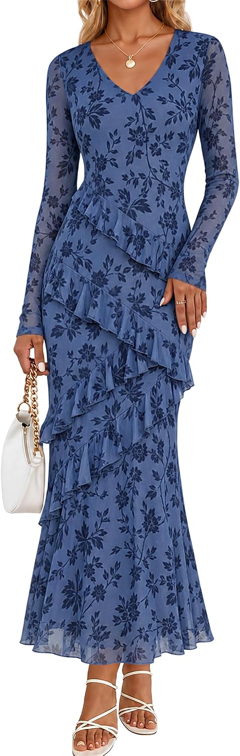 MEROKEETY Womens Fall Wedding Guest Floral Long Sleeve Bodycon Maxi Dress | 2026, Formal, V Neck, Ruffled, Mesh Overlay, Lined, Cocktail Party, Rehearsal Dinner, Bridal, Baby Shower, Date Night Dress