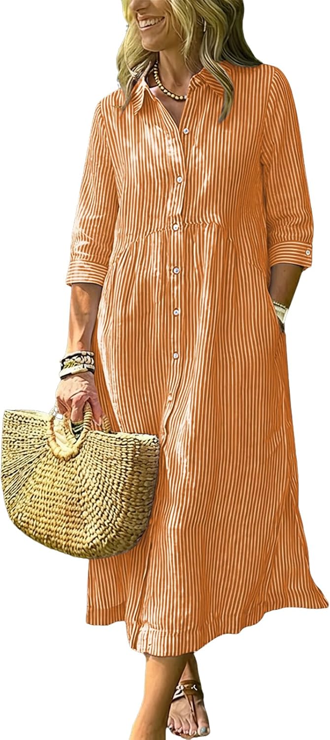 Women's Boho Striped Dress High-Low Waistline Button Down Midi Shirt Dress | Fashion Lapel, 3\/4 Sleeve, Flowy A Line, Side Slit, Slant Pocket, Casual Loose Mid Long Cotton Dress for Party Beach Vacation