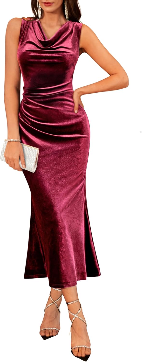 GRACE KARIN Womens Velvet Cowl Neck Wedding Guest Cocktail Dresses | Ruched Maxi Dress, Sleeveless, Mermaid Hem, 2026 Fall Winter Formal Outfits, Great for Proms\/Dinners\/Party