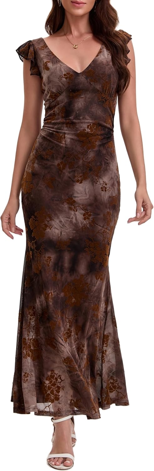 Women's Sleeveless V Neck Wedding Guest Dress Bodycon Floral Mesh Ruched Cocktail Mermaid Maxi Dresses Elegant Party Petite