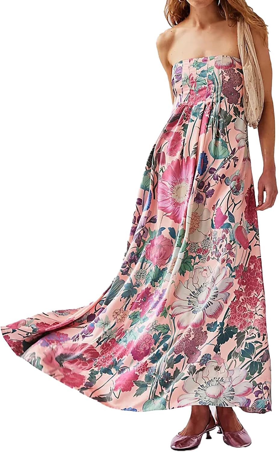 ABYOVRT Women Boho Floral Maxi Dress Backless Spaghetti Strap A-Line Flowy Summer Vacation Long Dress