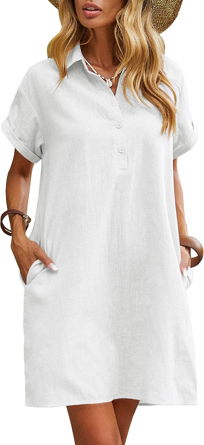 Zeagoo Womens Cotton Shirt Dress Summer Casual Short Sleeve Button Down Beach Cover Up Shirts with Pockets