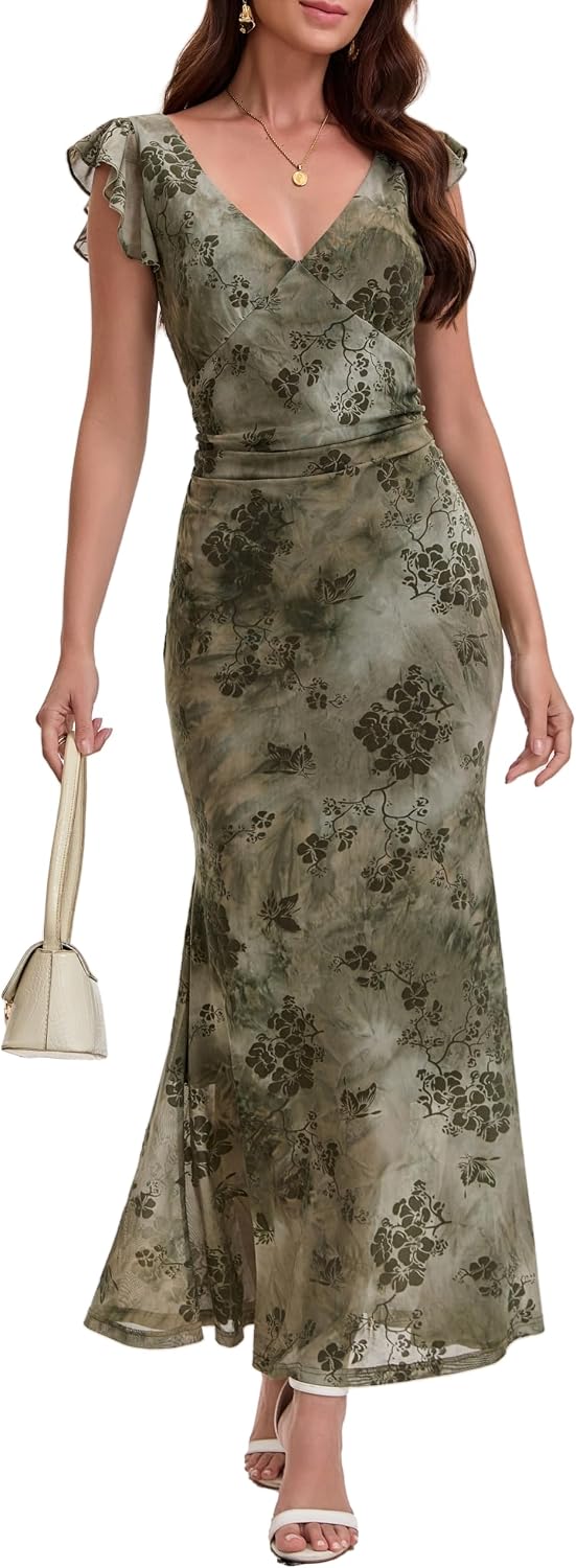 Women's Sleeveless V Neck Wedding Guest Dress Bodycon Floral Mesh Ruched Cocktail Mermaid Maxi Dresses Elegant Party Petite