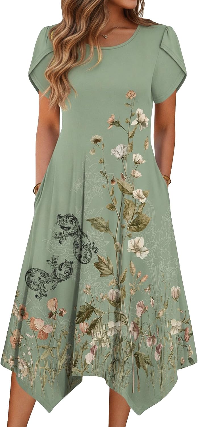 Zeagoo Womens Casual Dress for Summer Loose Hankerchief Flare Midi Sundress | Floral Print, Boho Style, Fall Wedding Guest Dress, A Line,Crew Neck, Side Pockets, Asymmetrical Hem, for Beach, Casual,Daily