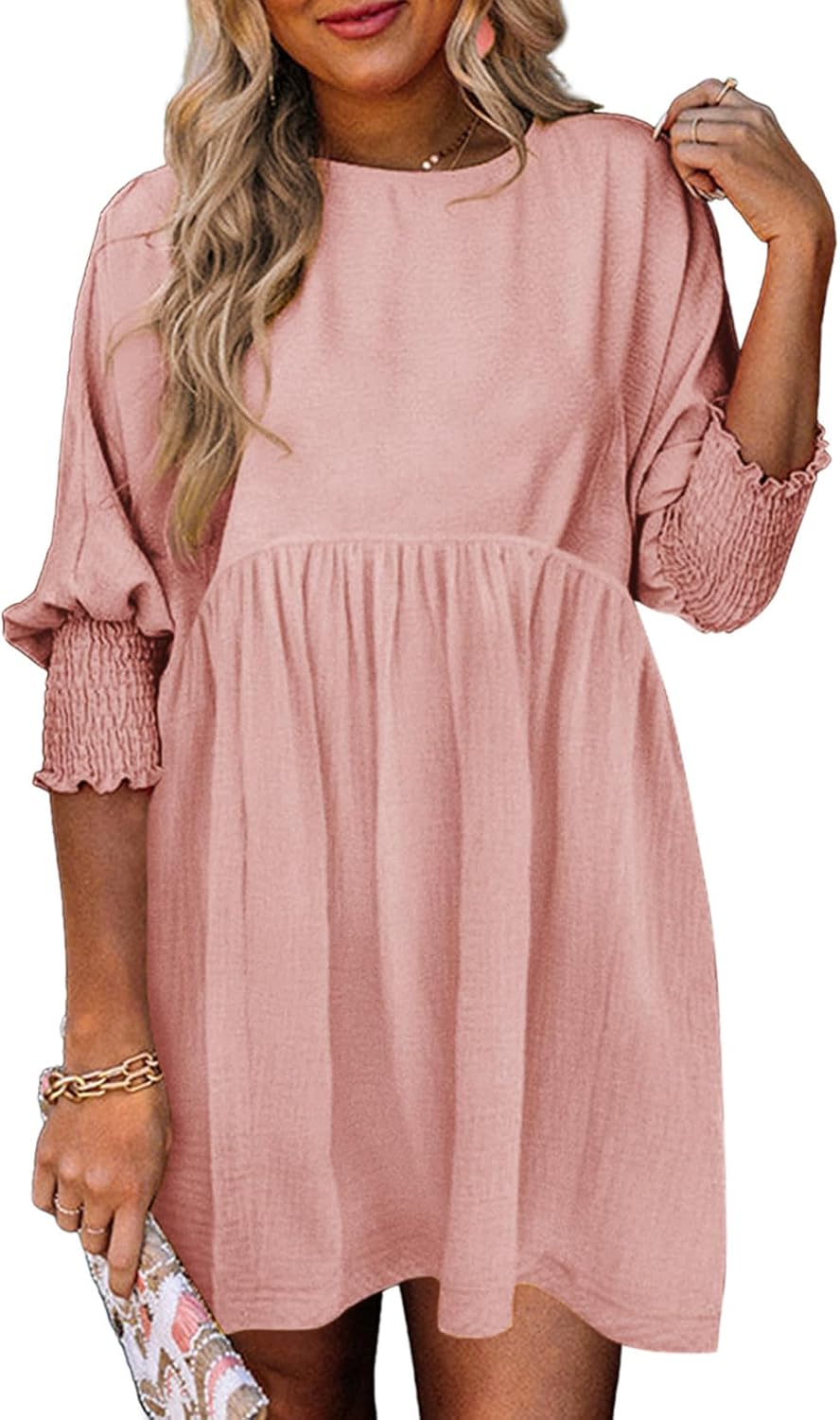 Dokotoo Womens Empire Waist 3\/4 Sleeve Casual Babydoll Mini Dress | Knee Length, Country Western Short Dresses for Fall, Party Church Baby Shower Wedding Guest Office Work Teacher Outfits