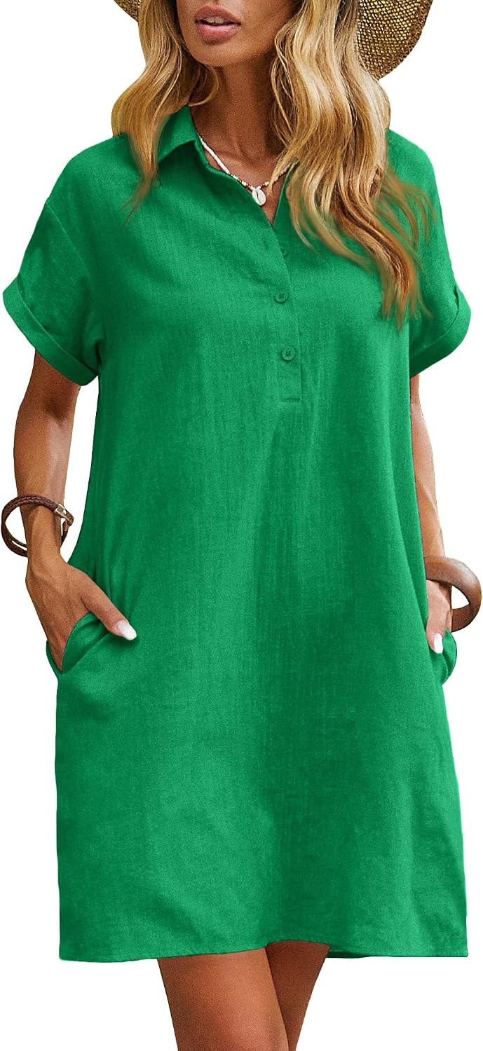 Zeagoo Womens Cotton Shirt Dress Summer Casual Short Sleeve Button Down Beach Cover Up Shirts with Pockets